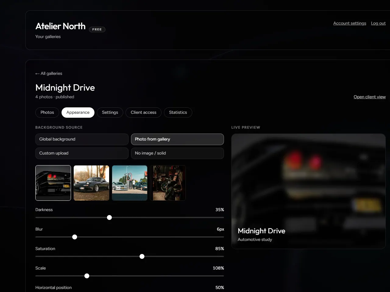 Gallery appearance controls in RemiXiss, including background source, darkness, blur and live preview.