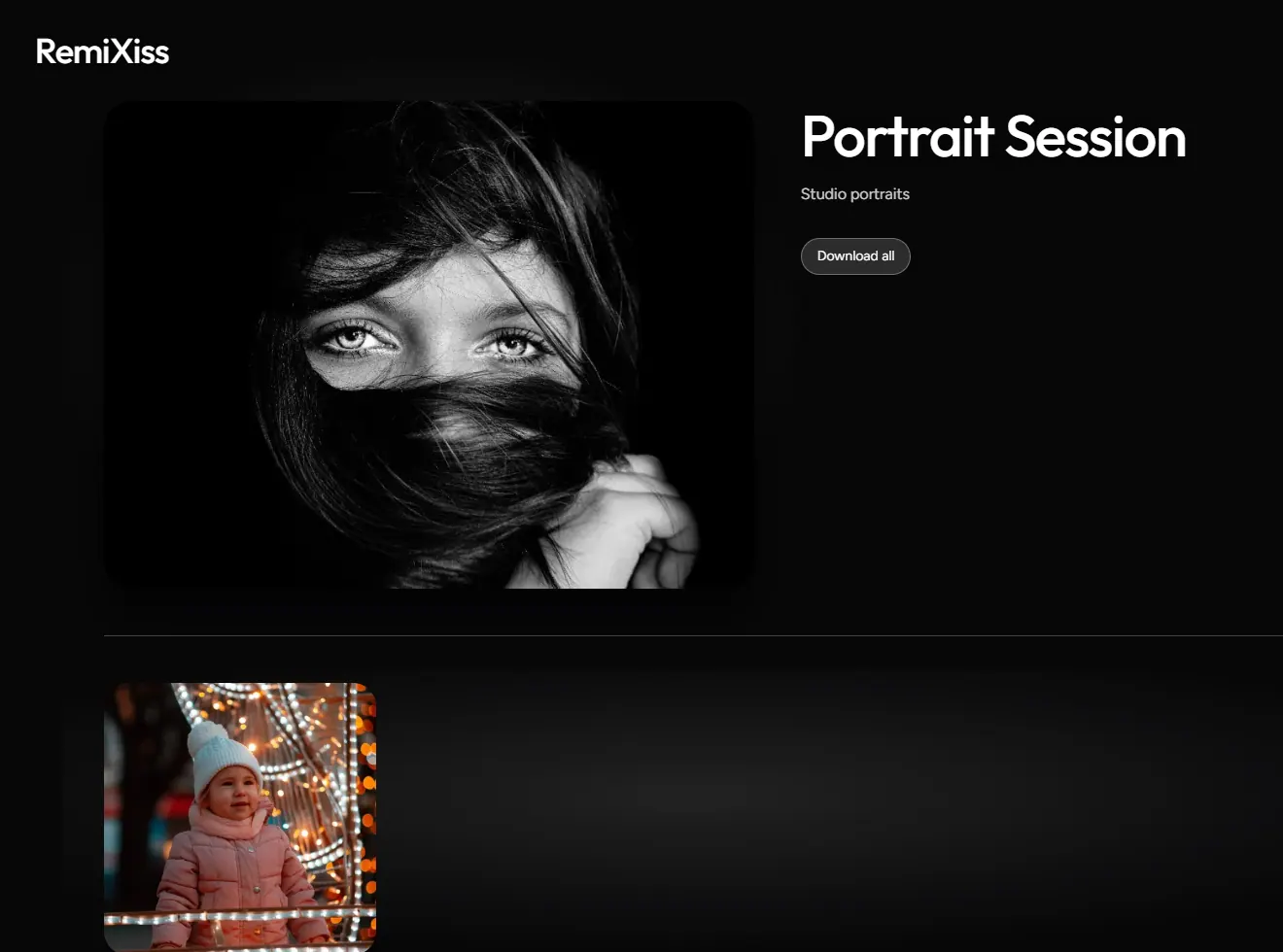 A RemiXiss client gallery titled Portrait Session, showing the session hero, Download all control and photo grid.